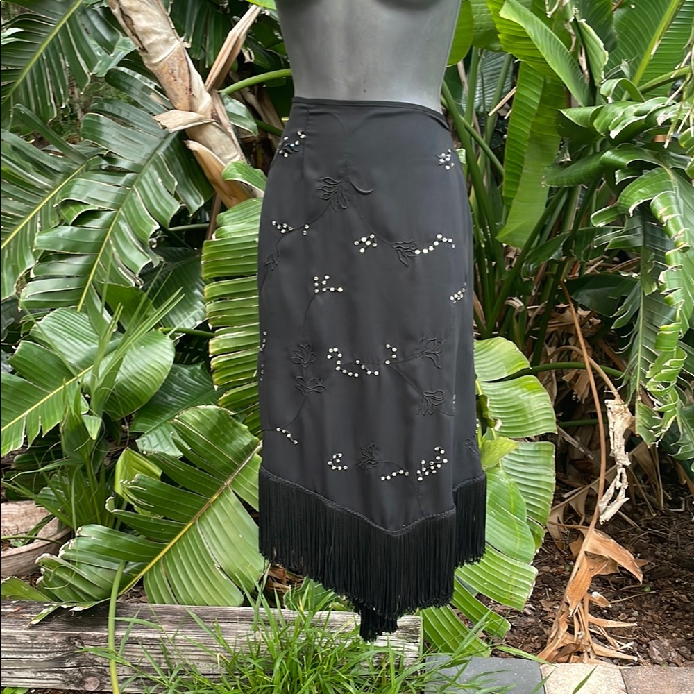 Venezia embroidered and embellished Black Fringe Skirt